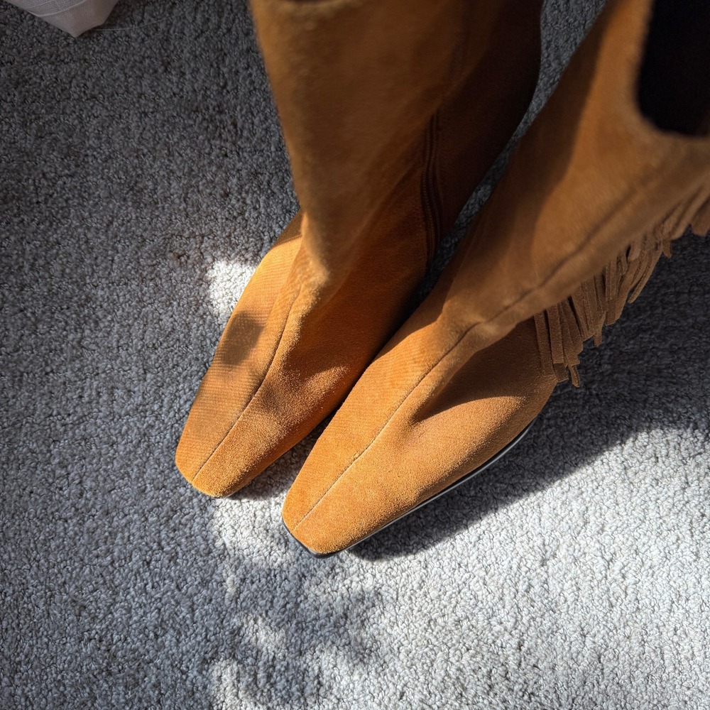 Y2K Vintage Suede Square Toe Fringe Ankle Boots 8.5 Camel Western Boho Cowgirl - Picture 4 of 9